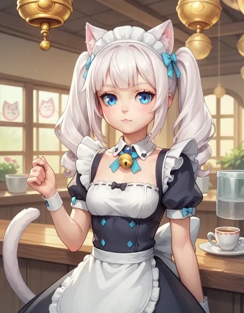 Vanilla. 1 girl with long white hair, blue eyes, maid uniform, golden bell on back, cat ears, cat tail,pigtails, calm face, cafe on background, upper face