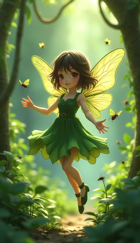 Wearing green and black clothing、Anime girl with wings and green background, Elf character, Fairy, forest Fairy, Insect Trainer Girl, brunette elf with Fairy wings, Elf, Cute 3D anime girl rendering, April Rendering, Fairy dance, Open your legs  