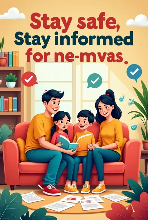 A cartoon style poster about 
"Stay Safe, Stay Informed"
Focus on the importance of staying updated with official information and taking immediate action to protect yourself and your family.