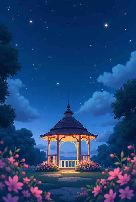 A romantic starry night with a gazebo in the background, ghibli style digital art.