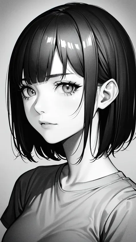 1girl, solo, sharp eyes, monochrome, greyscale, short black hair, portrait, t-shirt, closed mouth, looking at viewer, sketch, gr...