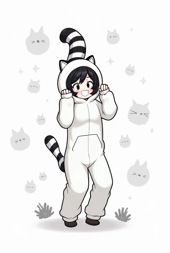 A cutie with a black and white striped cat hat, short, wavy hair, wearing a cute cat black and white striped jumpsuit a cute black and white background