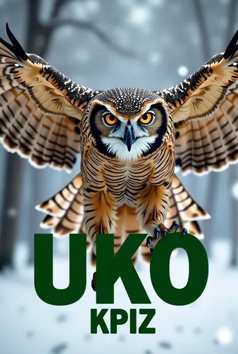 Create an image of a Siberian Eagle Owl in a dive, which has the letters UKO in big green letters below the claws. The eagle owl should look aggressive. It should also say KPIZ in smaller font underneath. 