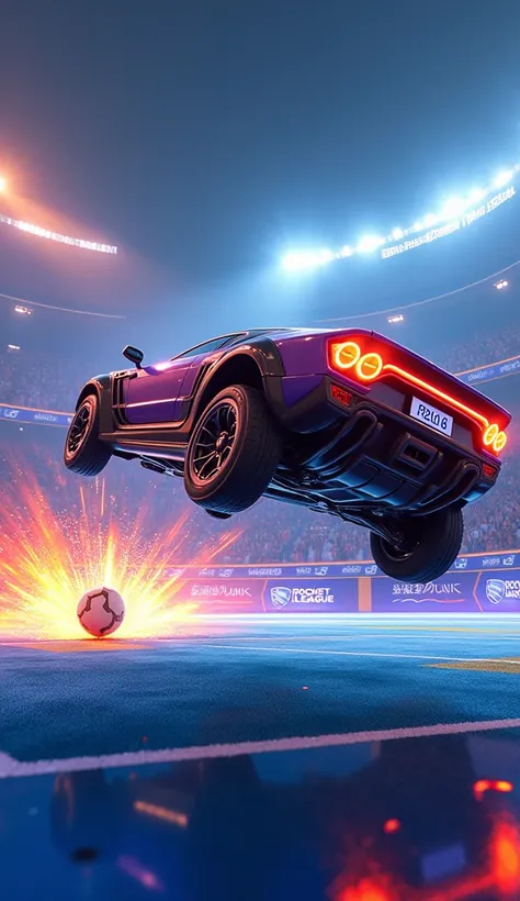 crée une image dune arène de rocket league, une voiture marque un but en faisant un flip avant. la balle entre dans le but de l arène avec une explosion type manga. hyper détaillé , hyper realiste, 16:9