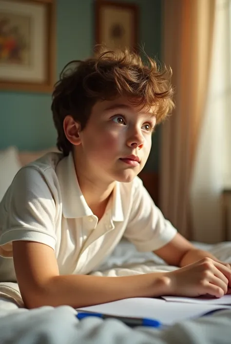 A boy with brown hair good jawline wearing a white polo sighing while laying down in bed with a paper and pen next to him