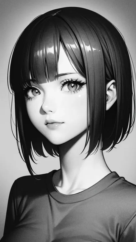 1girl, solo, sharp eyes, monochrome, greyscale, short black hair, portrait, t-shirt, closed mouth, looking at viewer, sketch, gr...