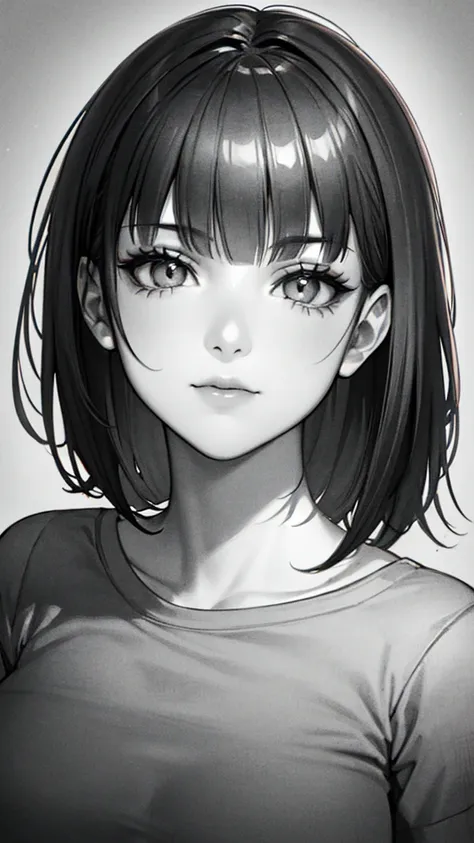 1girl, solo, sharp eyes, monochrome, greyscale, short black hair, portrait, t-shirt, closed mouth, looking at viewer, sketch, gr...