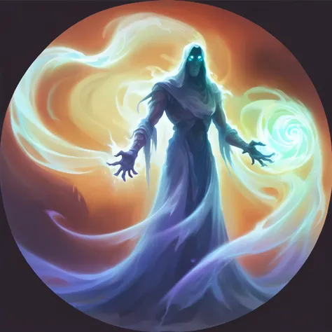 An icon of a ghostly entity, depicting a spectral being with humanoid features. The ghost has a translucent, misty form, blending seamlessly with the surroundings. Its upper body retains some human characteristics—faint, ethereal outlines of a face and lim...