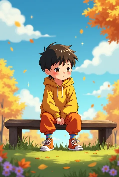 Zenitsu agatsuma socks wearing a hoodie, and oversized sweatpants sitting on a bench outside, young, boy, child, small, toddler, sparkles falli 