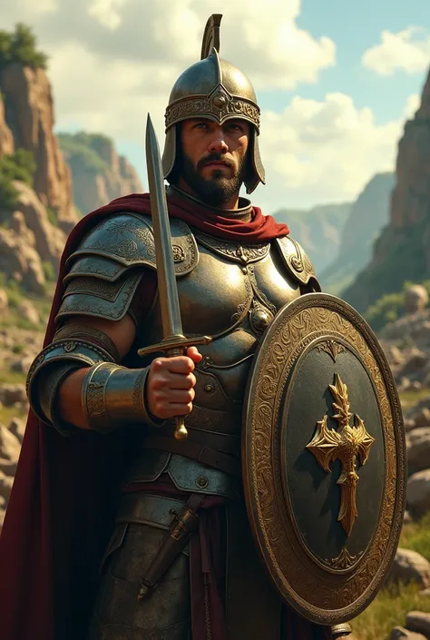 (photorealism:1.2), a brave warrior with a dagger on his hand, his eyes was shining with light, and he have a warrior helmet, breastplate and bible as a shield 