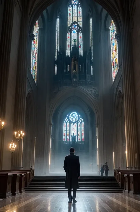 /Imagine Prompt: A young and dignified man standing in the mist, Behind him is a huge and magnificent church.、, Holds a shining sword of divine light, Guard the entrance to the road.,32K, Highest quality, masterpiece, Super Detail, Attention to detail, by ...