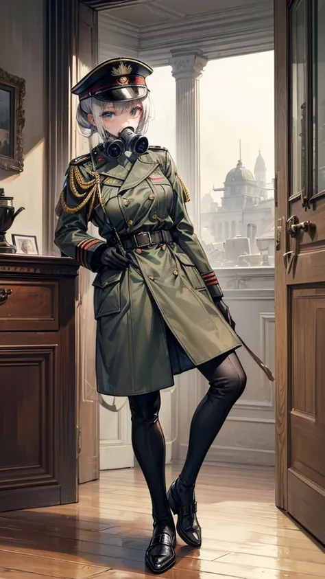 ((True best masterpiece, Ultimately perfect quality, Extremely delicate details)), ((Modern army, World War I, Great War, Old, Antique)), A soldier girl, Wearing military uniform, Wearing trench coat, Wearing military cap, With gas mask