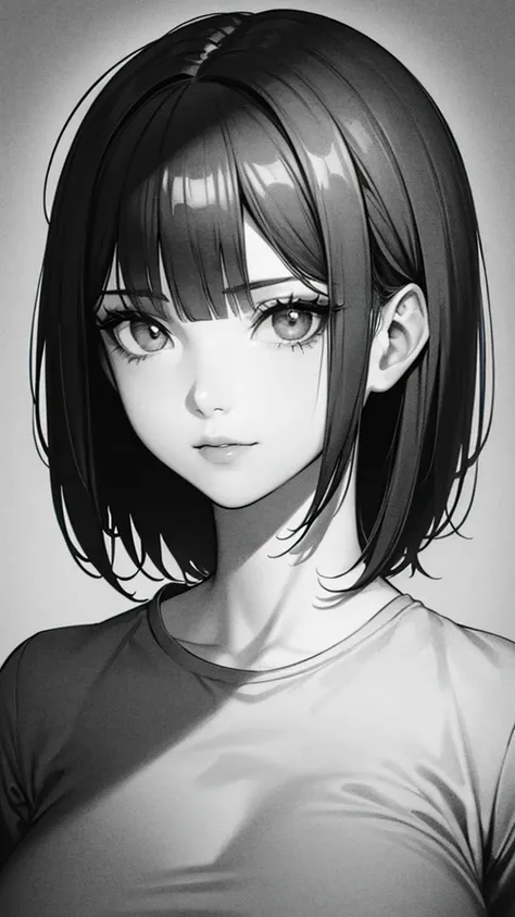 1girl, solo, sharp eyes, monochrome, greyscale, short black hair, portrait, t-shirt, closed mouth, looking at viewer, sketch, gr...