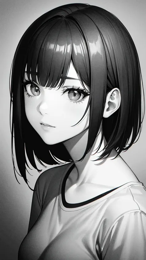 1girl, solo, sharp eyes, monochrome, greyscale, short black hair, portrait, t-shirt, closed mouth, looking at viewer, sketch, gr...