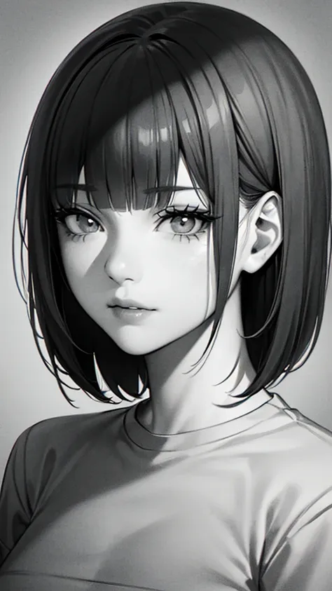 1girl, solo, sharp eyes, monochrome, greyscale, short black hair, portrait, t-shirt, closed mouth, looking at viewer, sketch, gr...