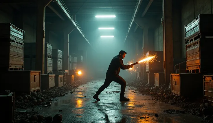 Scene 14: Battle in the Shadows
A fierce battle ensues in the warehouse, with "Crumbs" using the environment to his advantage. Tony Stark tech begins to malfunction.