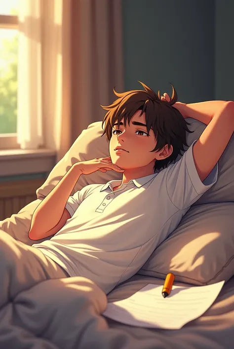 A boy with brown hair good jawline wearing a white polo sighing while laying down on his back in bed with a paper and pen next to him then he tried to write something in the paper (anime image)