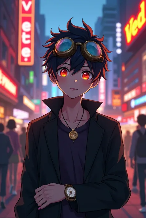 Handsome anime boy add gogles lens glasses and watch ad antique book add ved locket add fireflow eyes add name on wall ved