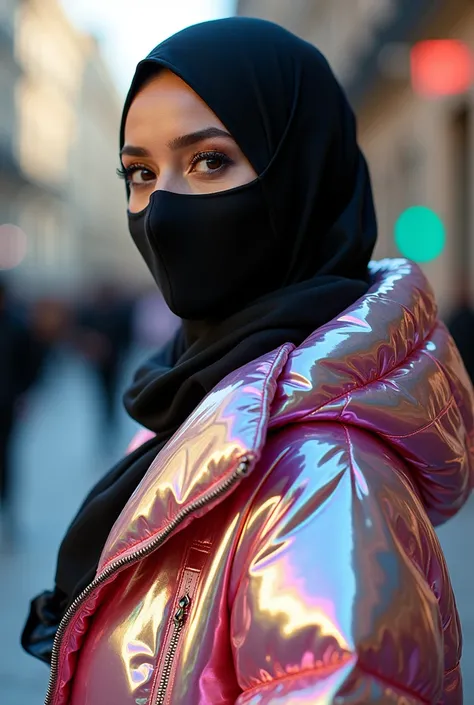 close up beautiful 30 year old hot girl.
She wears a very shiny plastic hijab on her head.
with a very shiny black plastic mask on his face.
wearing a long shiny plastic puffer jacket.
she wears a long traditional Arabic Caftan dress made of very shiny pla...