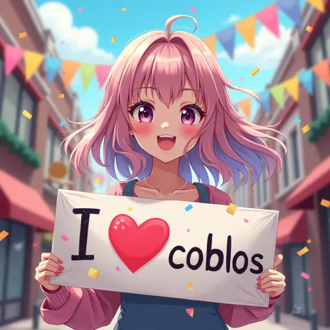 a beautiful and cute woman holding up a sign "i love COBLOS4D", joyful, happy, anime illustration, photorealistic, oil painting