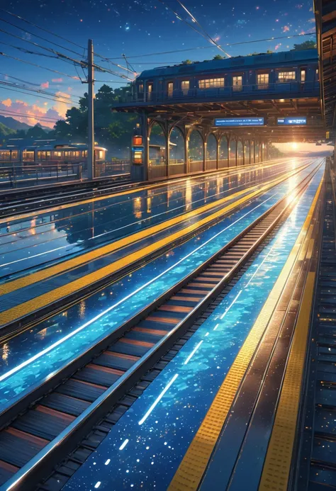 score_9, score_8_upper, score_7_upper,A train running on water,Sunken rail,Small station platform,(((Blue overall color))),summer,horizontal line,Morning Glow,Starry Sky,Streaks of Light,(masterpiece, Highest quality, Highest quality, Official Art, beautif...