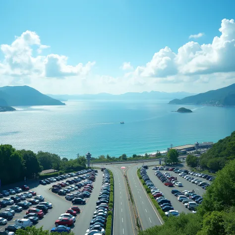 Parking lot along the national highway, summer sea, horizon, landscape photography, kamakura, Kanagawa, Japan, real, precision, masterpiece