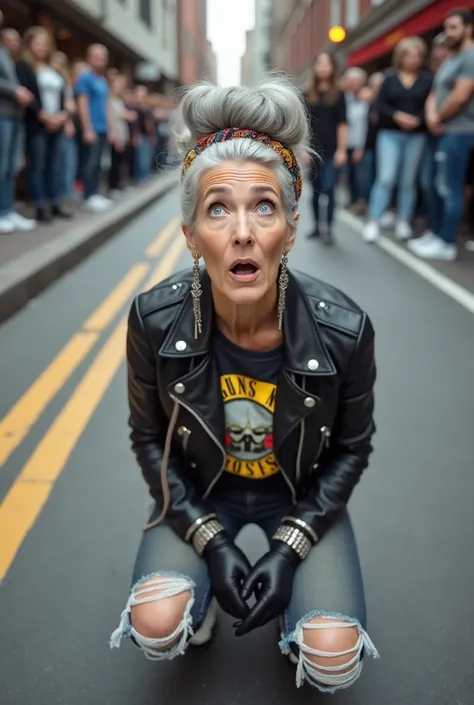 russian old milf woman, grey hair (huge top bun) and bandana as headband (big maxi glasses), with very light blue eyes, extremely pale. Wearing cropped black moto jacket with lots of zippers and pins, raggy cropped t-shirt with guns and roses logo, dark sk...