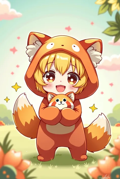 Cute yellow hair eyes and mouth visible shota short hair red panda costume icon anime illustration small stuffed animal

