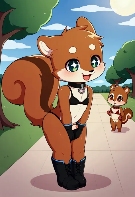 boy, squirrel, furry, bodyfur, tail, collar, bra, bottomless, gloves, boots, chibi, sparkling eyes, happy, full body, small penis, testicles, hand between legs, blush, park