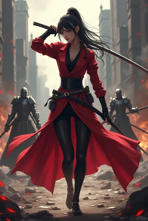 a woman with two a sword and a black outfit, Katana Zero video game character, female protagonist Official character illustrations, red female assassin, dramatic katana pose, Knights, female anime character, katanas strapped to her back, 2b, 2b, unsheathin...