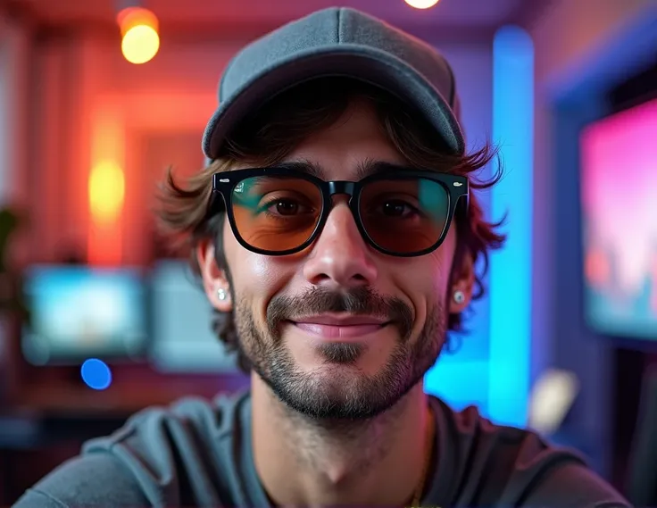 Front View, Centered,Ultra-realistic RAW portrait of a 40-year-old man YouTuber who with brown hair and wears a gray baseball cap, modern black glasses with burnt brown lenses, a small earring in his left ear, and a summer dji outfit, reimagined in a youtu...