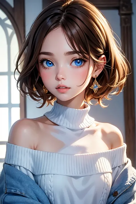 1 girl, , white light off-shoulder sweater, Brown hair, parted lips, bright blue eyes, 