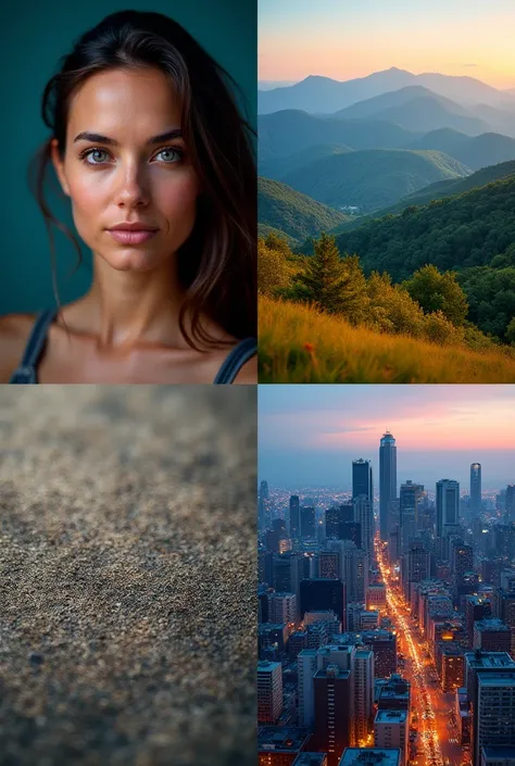 A 2x2 grid composed of four visually distinct images:

A highly detailed portrait of a person, focusing on realistic skin textures, subtle facial expressions, and natural lighting.

A serene landscape with vibrant colors, showcasing rolling hills, lush gre...