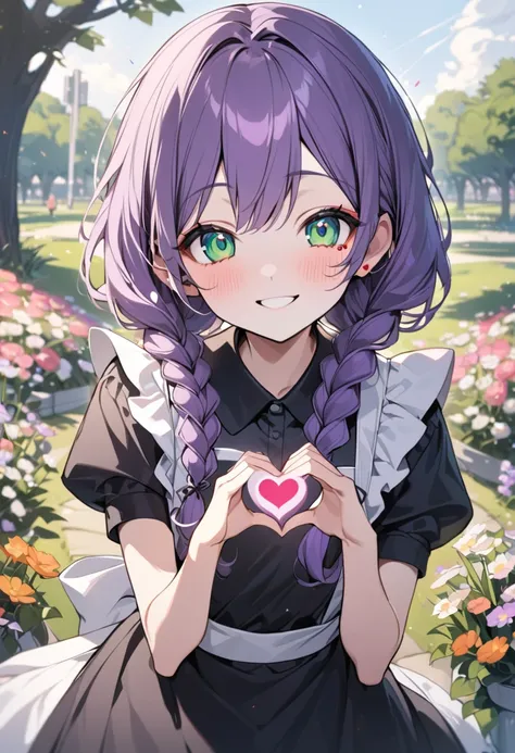 masterpiece, ultra detailed, beautiful, park, field of flowers, a girl, happy, smiling, making a heart with hands, looking at viewer, semi long, braids, wave hair, blunt cut, purple hair, green eyes, big eyes, pale skin, slender, apron, maid, beauty mark, ...