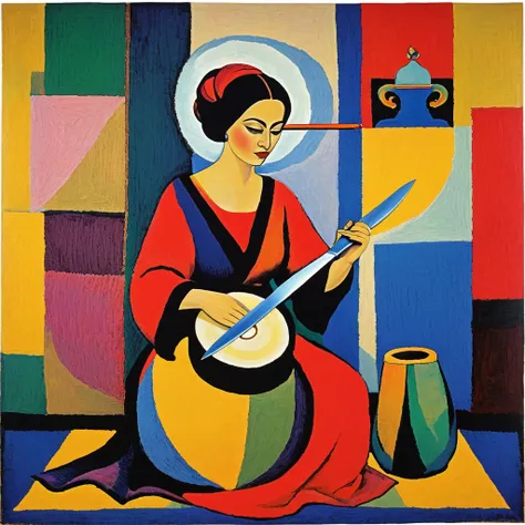 abstract painting in the Knitting style, ‘Woman with Knife and Drum’, Michael Aloysius of Saria, George Kurasov, Bernard Akkama, Albert Kotin, George Papazov, Maya Bloch, Jean Hay, Svetlin Velinov, Alice Rahon, Bencho Obreshkov