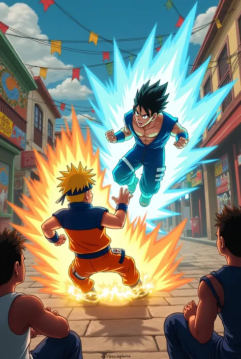 Naruto and Goku fighting in Brazil being watched by Silvio Santos and Faustão 