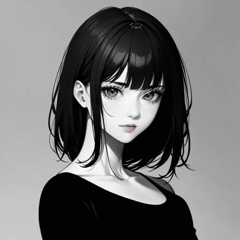 1girl, solo, sharp eyes, monochrome, greyscale, short black hair, portrait, t-shirt, closed mouth, looking at viewer, sketch, gr...