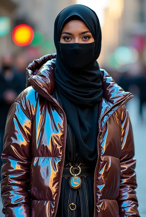 close up beautiful 30 year old hot girl.
She wears a very shiny plastic hijab on her head.
with a very shiny black plastic mask on his face.
wearing a long shiny plastic puffer jacket.
she wears a long traditional Arabic Caftan dress made of very shiny pla...