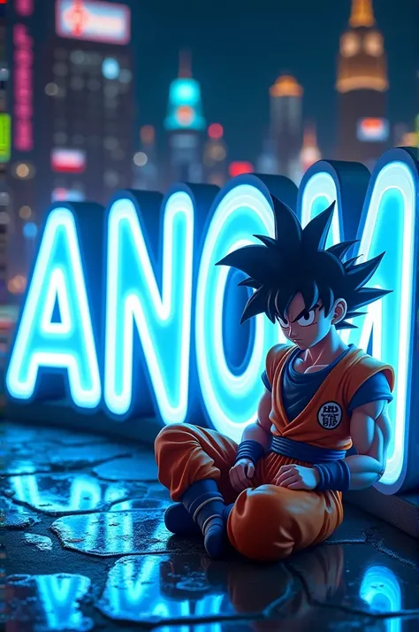 @Panggil Anom:dragon Ball sitting beside the name text "Anom" with blue neon lighting effects, 3d text