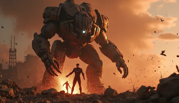 Scene 16: Rescue Mission
War Machine rescues Tony Stark, pulling him from the wreckage. The scene is intense, with sparks and debris flying as they escape.