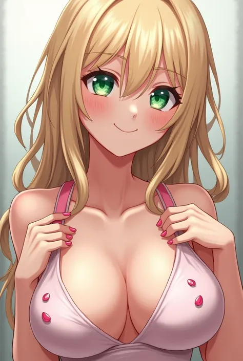 Character: white blonde woman with green eyes showing her breasts with pink nipples 