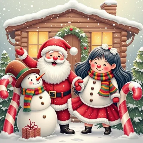 Santa Claus with his chubby wife black hair candy canes snowman snowflakes 