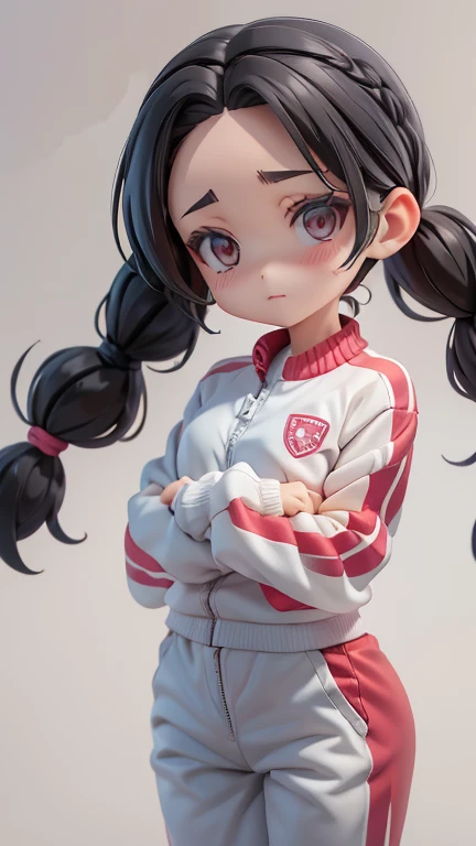 Girl、Primary school students、small、sharp、Black Hair,、Pigtails、Braid、The forehead is visible、Forehead、Jersey、Tracksuits、Clothing patterns、Clothing Design、The front is open、whole body、
