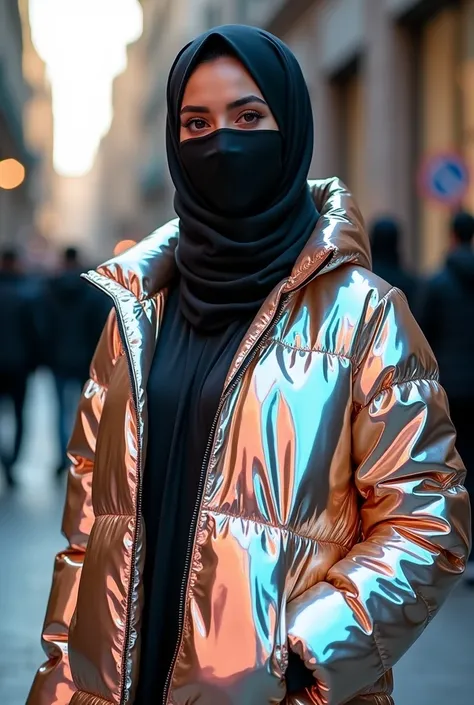 close up beautiful 30 year old hot girl.
She wears a very shiny plastic hijab on her head.
with a very shiny black plastic mask on his face.
wearing a long shiny plastic puffer jacket.
she wears a long traditional Arabic Caftan dress made of very shiny pla...