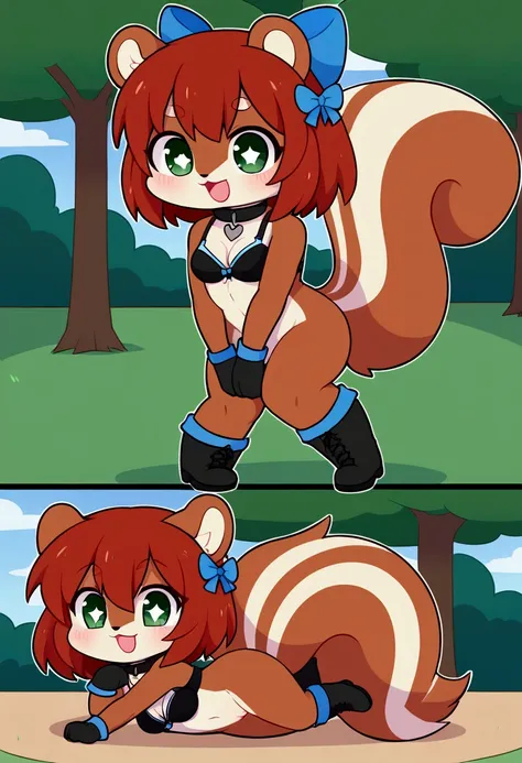 girl, squirrel, furry, bodyfur, tail, collar, bra, bottomless, gloves, boots, chibi, sparkling eyes, happy, full body, some perfect pussy, hand between legs, blush, park, hair bow