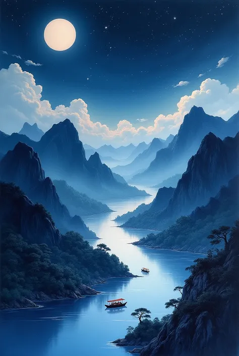 Ink painting of mountains, rivers and boats in the night sky  