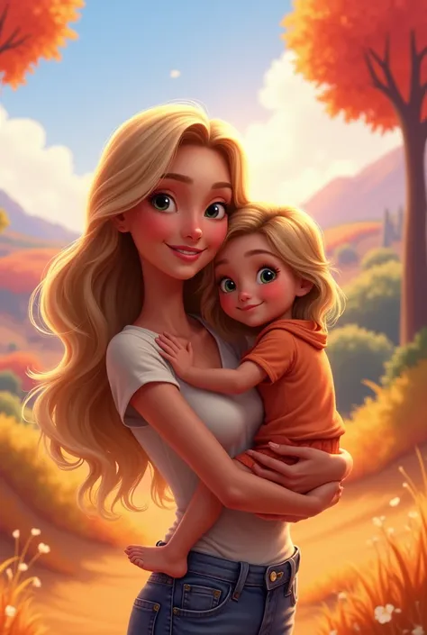 
Make a Disney Pixar-style poster, in 3D, of a family, a 37-year-old woman, tall, medium body, blonde hair , a baby on his lap of 2 year old girl, thin, wavy hair, dark blonde hair, long hair