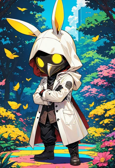 (masterpiece, best quality:1.1), (ultra highres, ultra-detailed:1.2),pop-art style,flatcolor, (he is playing),(in kids park), BREAK chibi-boy,(wearing plague-doctor costume,plague-doctors mask),eyes glow yellow,(white hood with rabbit ears),white lab-coat,...