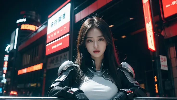 In a cyberpunk cityscape of futuristic technology and neon lights，People wearing black，Beautiful woman with perfect figure，Her face is even more perfect，Like a pure messenger from another world。her skin is white and transparent，eyes are big and bright，Shin...