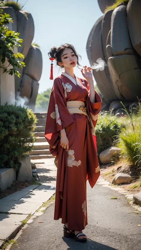 a beautiful geisha woman wearing a red kimono, standing on a plateau, exhaling smoke, high-angle shot, cinematic lighting, ray traced, 4k, masterpiece, extremely detailed skin and facial features